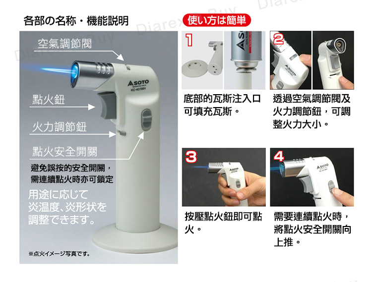 操作簡單，按壓點火，用途使用廣泛，可精準調整火焰大小