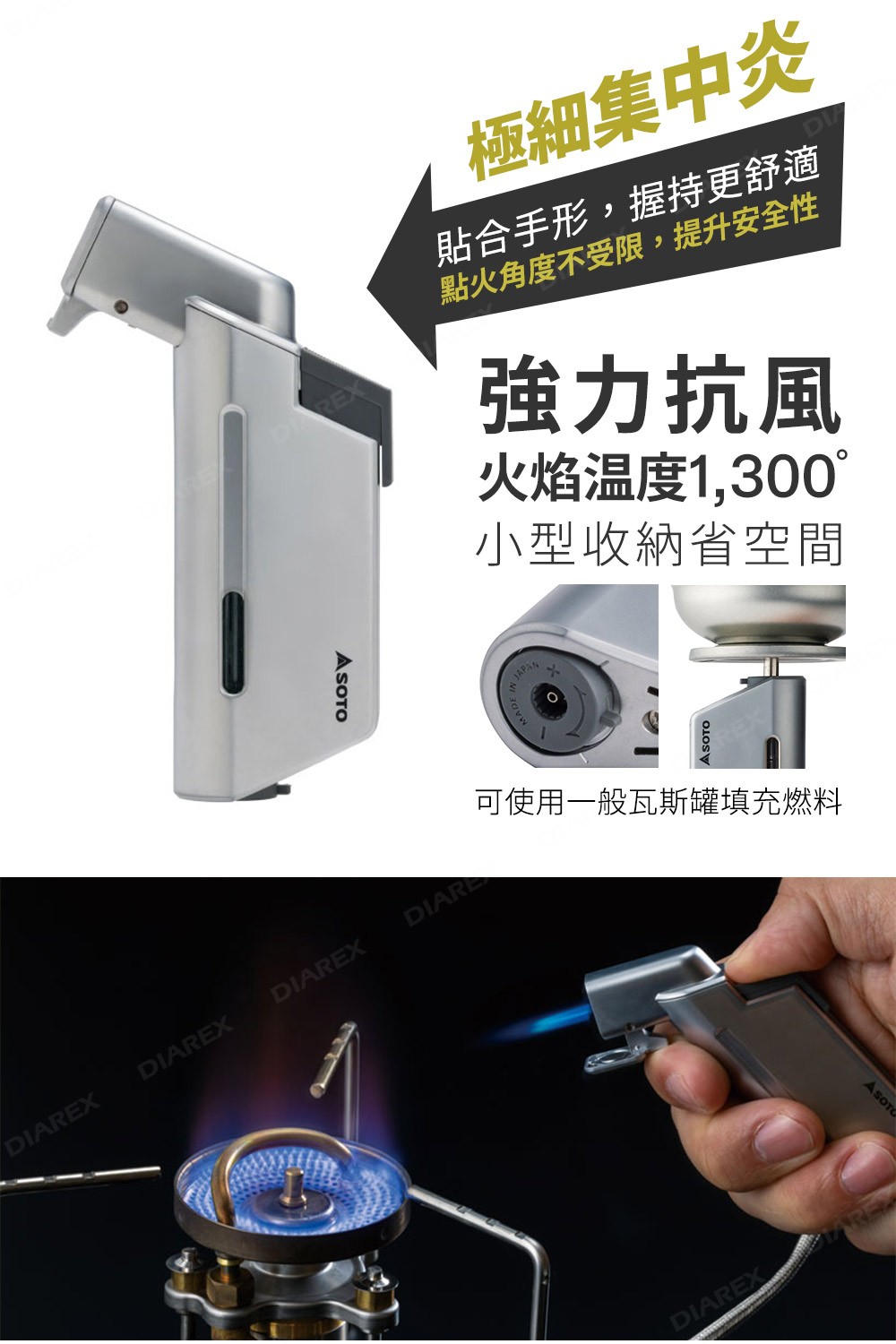 噴火口配備防塵蓋防止灰塵進入、瓦斯儲存槽添加活性碳吸附雜質,皆是為了提升產品耐用性
