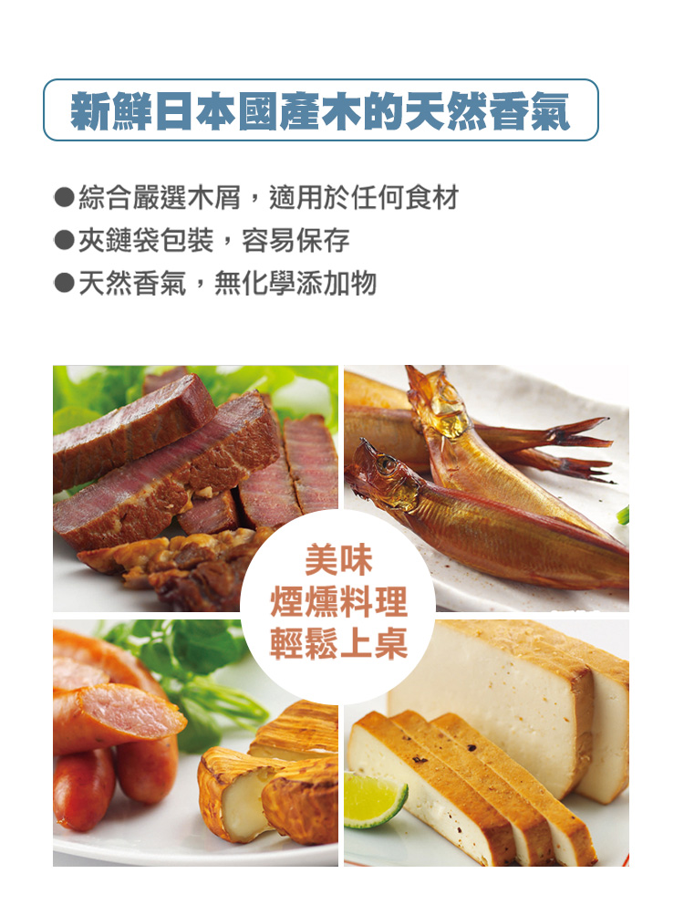 綜合嚴選木屑，適用於任何食材，夾鏈袋包裝，容易保存